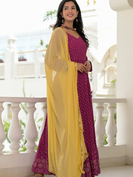 Magenta Embroidered Anarkali Suit Set with Yellow Dupatta