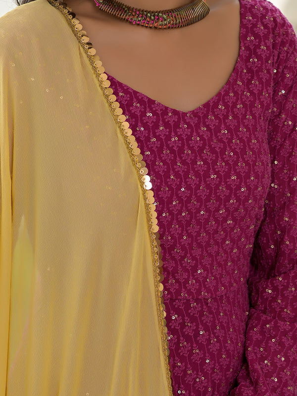 Magenta Embroidered Anarkali Suit Set with Yellow Dupatta