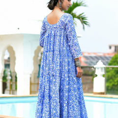 Blue block print anarkali set
