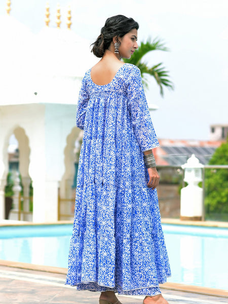 Blue block print anarkali set