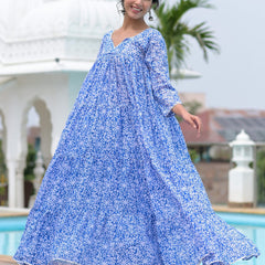 Blue block print anarkali set