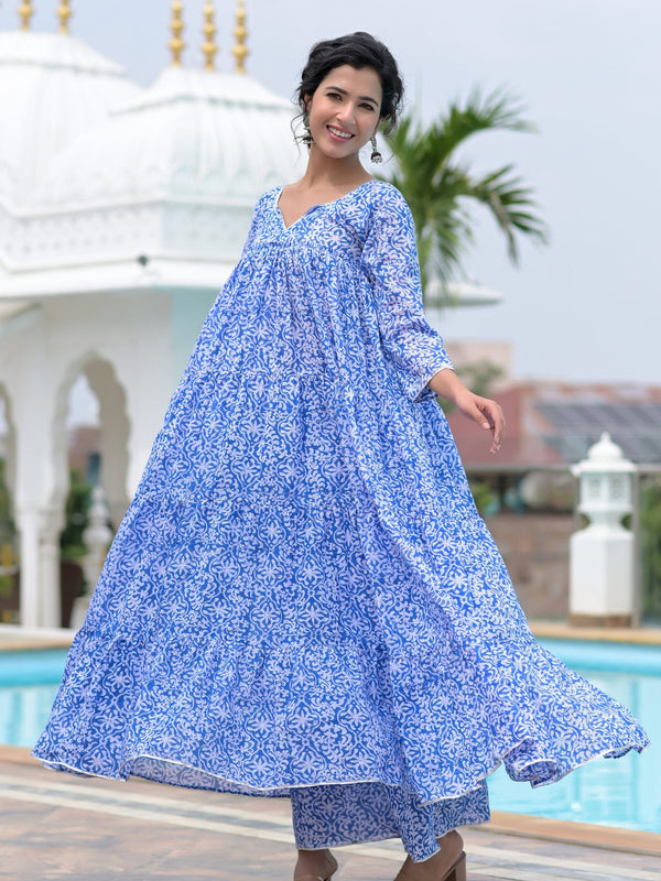 Blue block print anarkali set