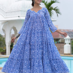 Blue block print anarkali set