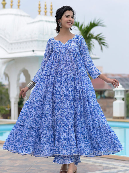 Blue block print anarkali set