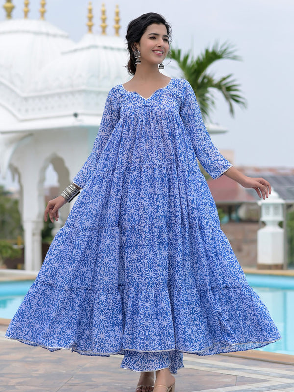 Blue block print anarkali set
