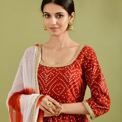 Red Bandhani Printed Anarkali Kurta with Dupatta