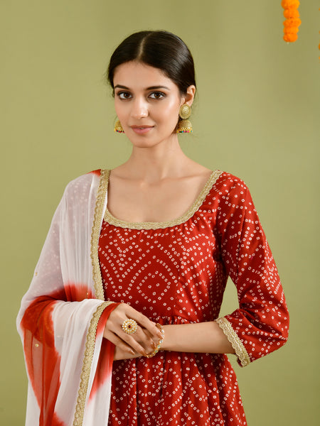 Red Bandhani Printed Anarkali Kurta with Dupatta