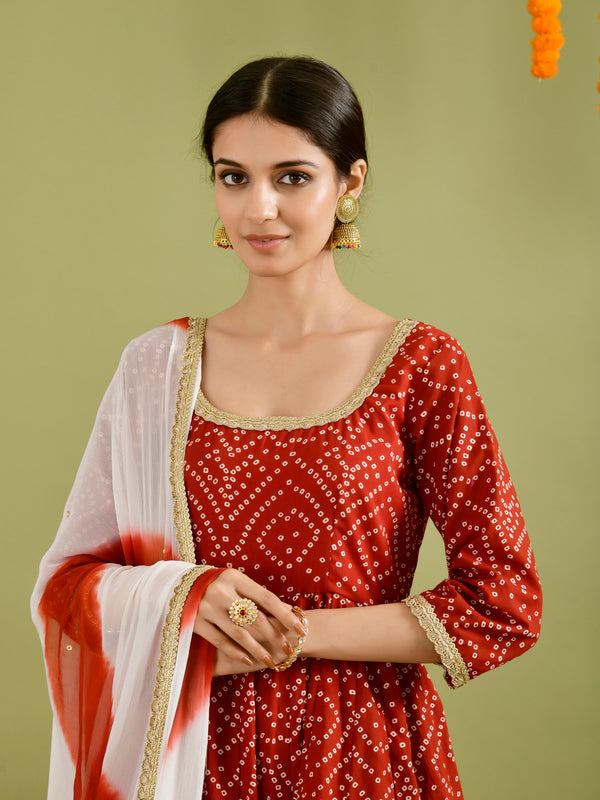 Red Bandhani Printed Anarkali Kurta with Dupatta