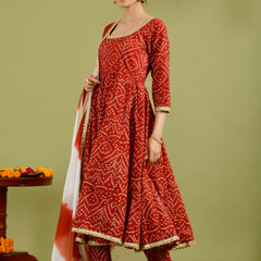 Red Bandhani Printed Anarkali Kurta with Dupatta