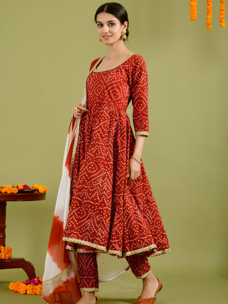 Red Bandhani Printed Anarkali Kurta with Dupatta