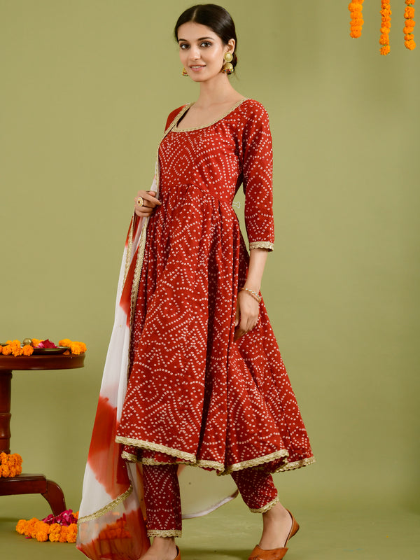 Red Bandhani Printed Anarkali Kurta with Dupatta