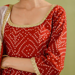 Red Bandhani Printed Anarkali Kurta with Dupatta