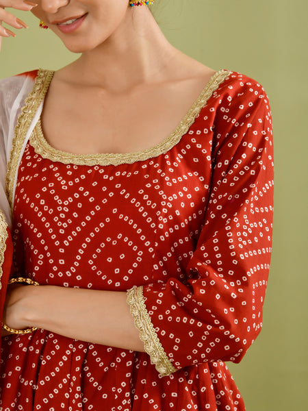 Red Bandhani Printed Anarkali Kurta with Dupatta