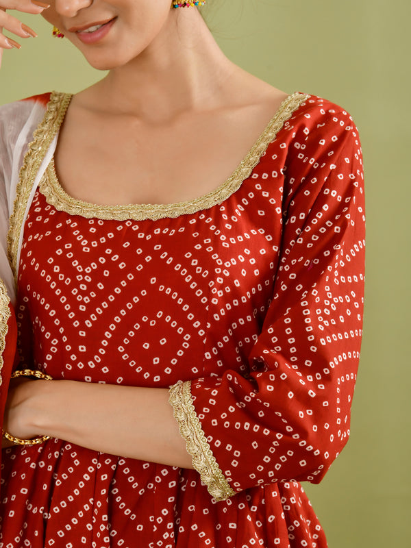 Red Bandhani Printed Anarkali Kurta with Dupatta