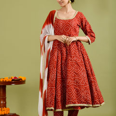 Red Bandhani Printed Anarkali Kurta with Dupatta
