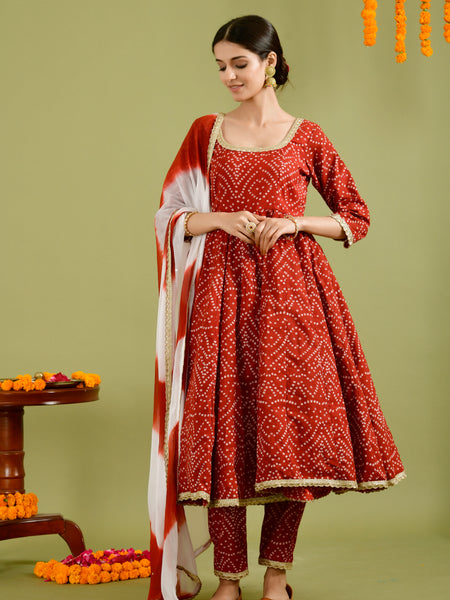 Red Bandhani Printed Anarkali Kurta with Dupatta
