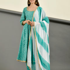 Teal Blue Bandhani Anarkali Suit Set with Dupatta