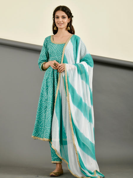 Teal Blue Bandhani Anarkali Suit Set with Dupatta