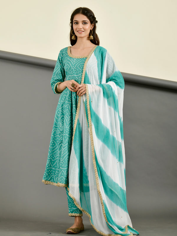 Teal Blue Bandhani Anarkali Suit Set with Dupatta