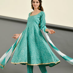 Teal Blue Bandhani Anarkali Suit Set with Dupatta