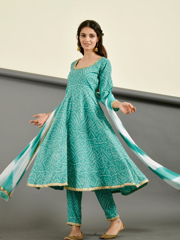 Teal Blue Bandhani Anarkali Suit Set with Dupatta