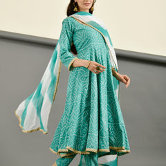 Teal Blue Bandhani Anarkali Suit Set with Dupatta