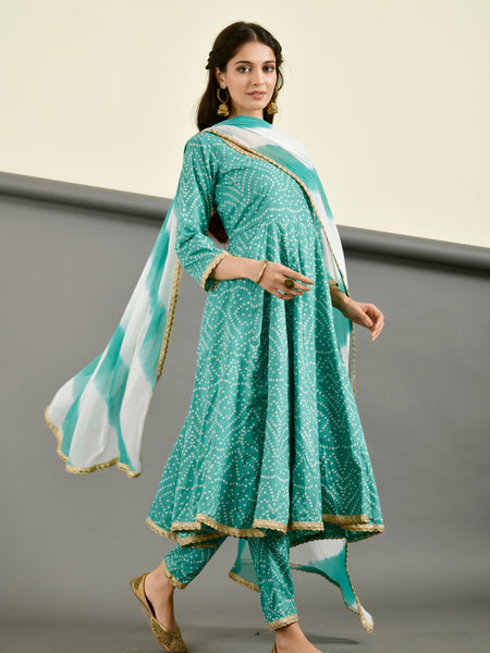 Teal Blue Bandhani Anarkali Suit Set with Dupatta