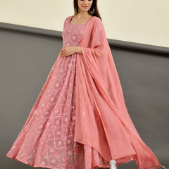 Pink mirror anarkali set