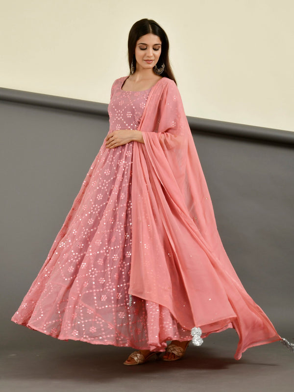Pink mirror anarkali set