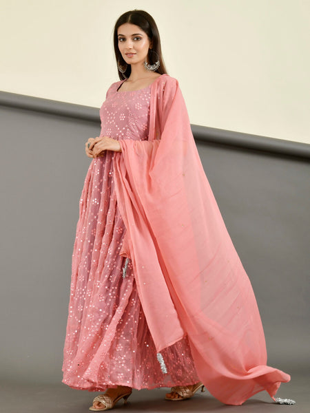 Pink mirror anarkali set