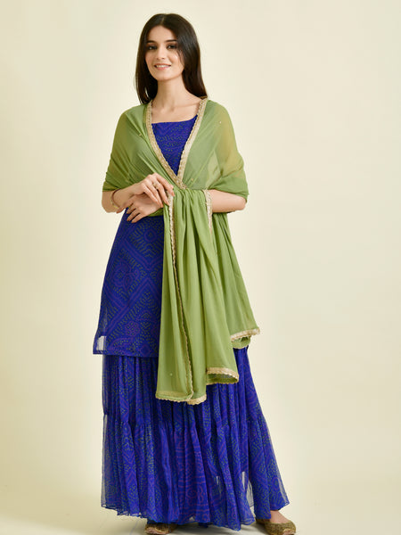 Royal Blue Printed Sharara Set with Green Dupatta