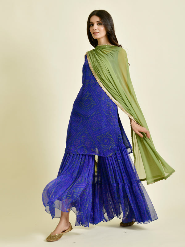 Royal Blue Printed Sharara Set with Green Dupatta