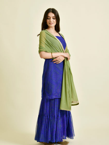 Royal Blue Printed Sharara Set with Green Dupatta