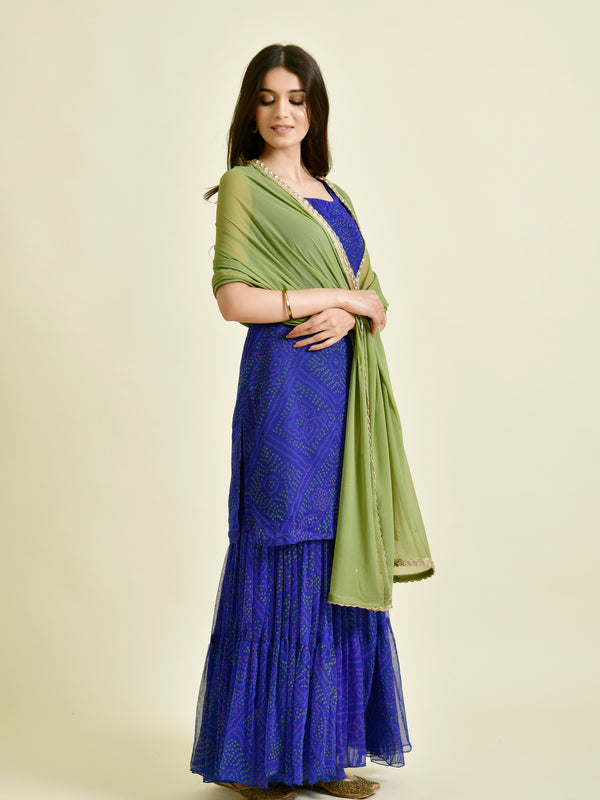 Royal Blue Printed Sharara Set with Green Dupatta
