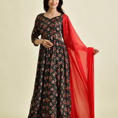 Black Printed Anarkali Suit Set with Red Dupatta