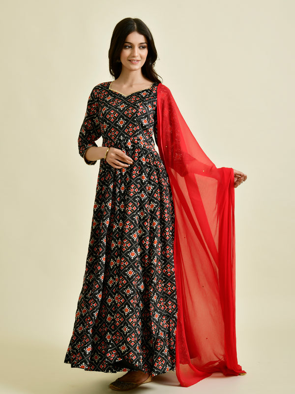 Black Printed Anarkali Suit Set with Red Dupatta