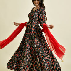 Black Printed Anarkali Suit Set with Red Dupatta
