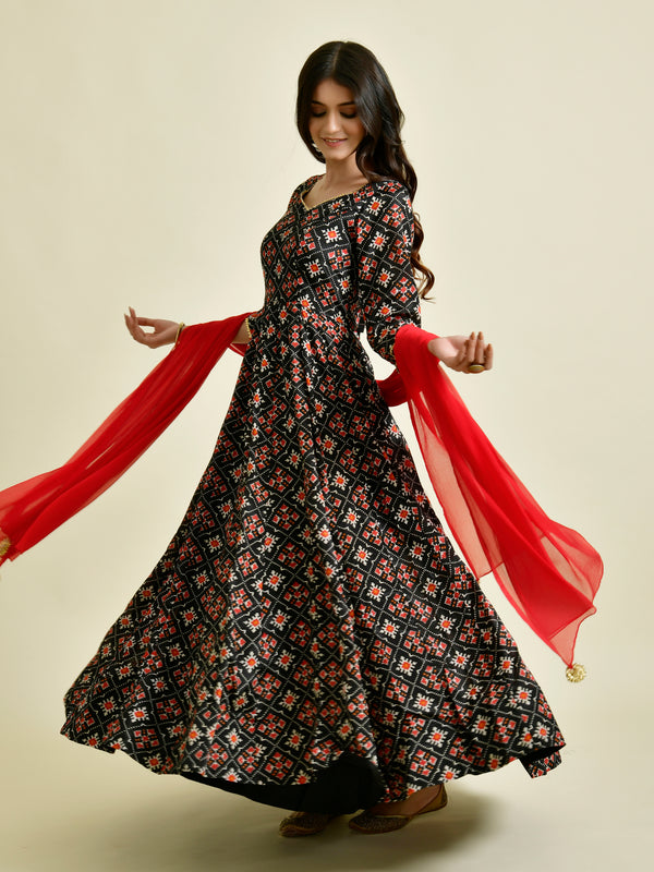 Black Printed Anarkali Suit Set with Red Dupatta