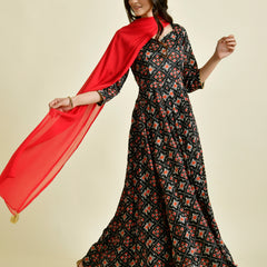 Black Printed Anarkali Suit Set with Red Dupatta