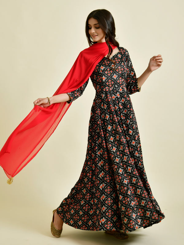 Black Printed Anarkali Suit Set with Red Dupatta