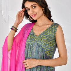 GREY PINK BANDHANI ANARKALI SET