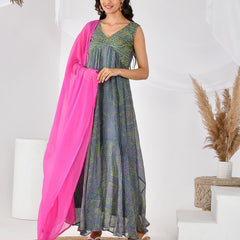 GREY PINK BANDHANI ANARKALI SET