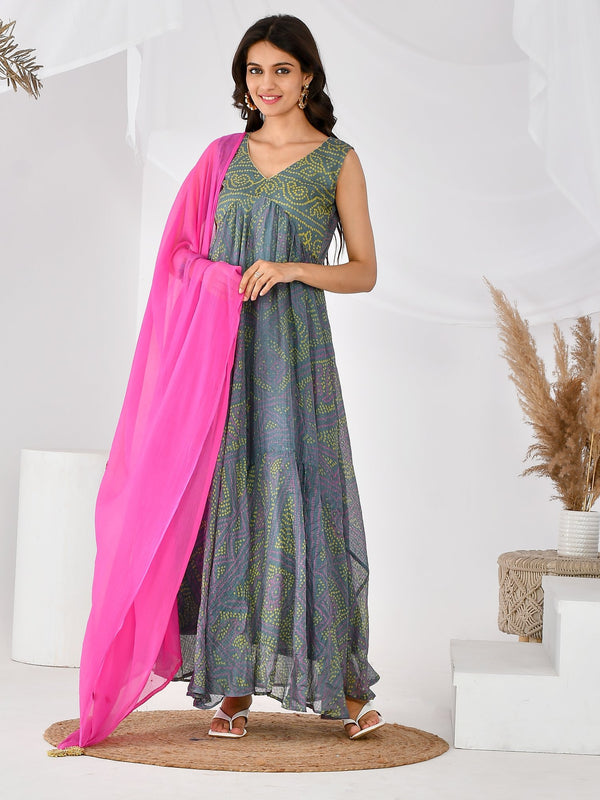 GREY PINK BANDHANI ANARKALI SET