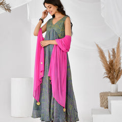 GREY PINK BANDHANI ANARKALI SET