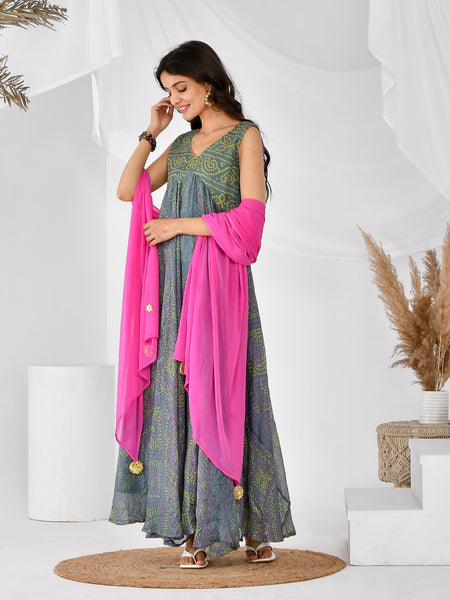GREY PINK BANDHANI ANARKALI SET