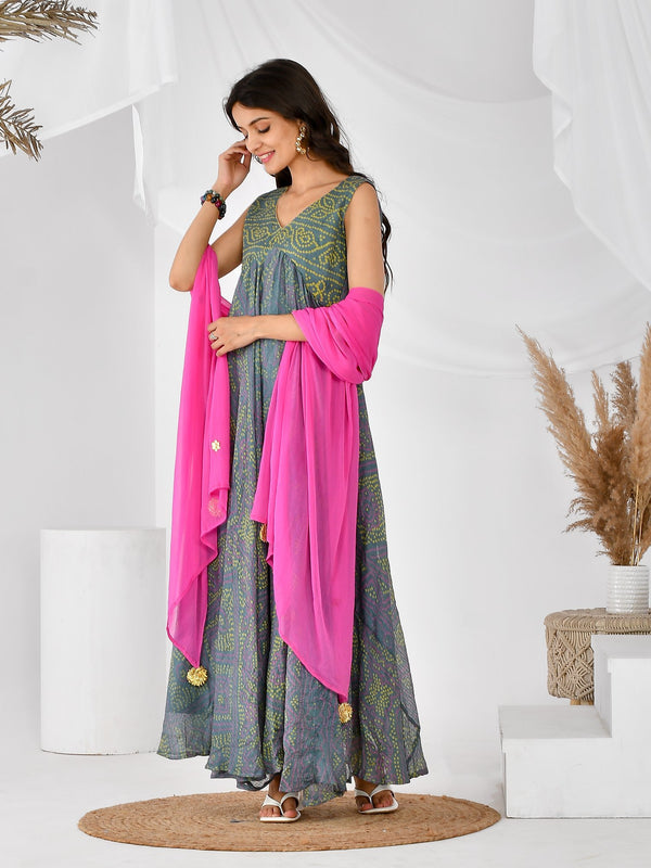 GREY PINK BANDHANI ANARKALI SET