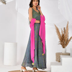 GREY PINK BANDHANI ANARKALI SET