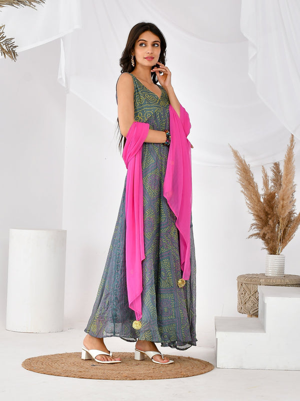 GREY PINK BANDHANI ANARKALI SET