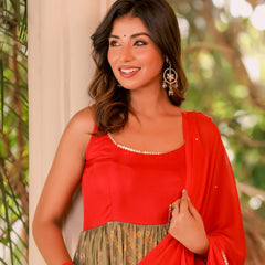 Red and brown bandhani anarkali set