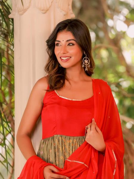 Red and brown bandhani anarkali set
